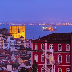 Night view of the old town in Lisbon, Portugal